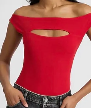 Express Red Body Contour Chest Cut Out Off Shoulder Bodysuit New With Tags Size XS thumbnail 1