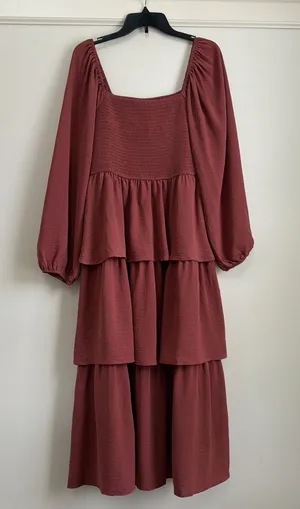 in february Mauve Rust Square Neck Smocked Tiered Ruffle Midi Dress M NWT thumbnail 1