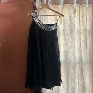 Vintage Scala Silk Black Mini Dress Beaded Gem One Shoulder Sleeveless Size 6‎ thumbnail 4