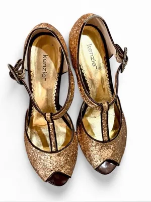 Kenzie ‘GINGER’ Gold Glitter Peep Toe Wedge Kitten Heel Mary Jane Sandals Sz 8 thumbnail 6