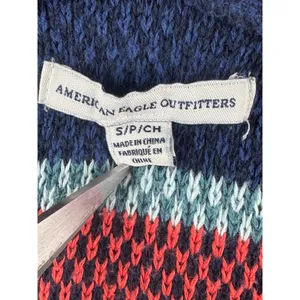 American Eagle Women Baja Hoodie Small Navy Multi Color Striped Knit Hippie Boho thumbnail 3