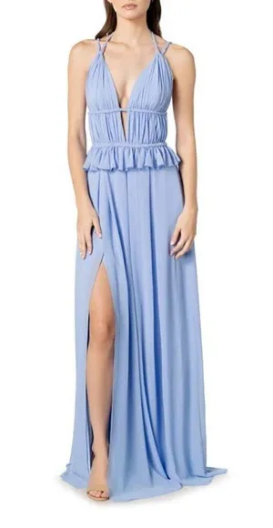 DRESS THE POPULATION Athena Halter Neck Gown in Periwinkle Size Small thumbnail 10