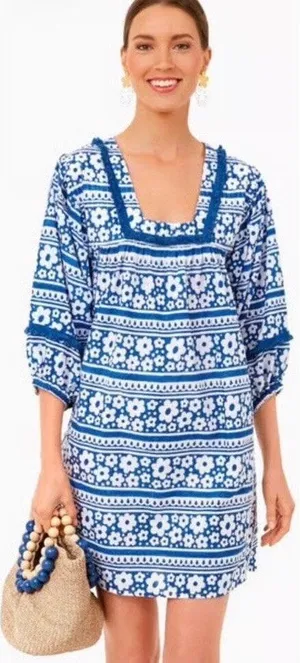 NWT Tuckernuck Tnuck Tunic Petal Paradise Blue & White Mini Dress Sz M thumbnail 1