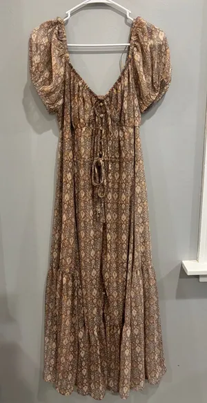 Moon River Puff Sleeve Tiered Maxi Dress S Boho Bohemian Neutral Paisley Gold thumbnail 1