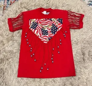 Handmade vintage fringe and beads American flag USA t-shirt large thumbnail 1
