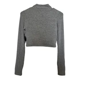 Klassy Network Gray Knit Front Zip Mock Collar Built-In Bra Brami Crop Top M thumbnail 2