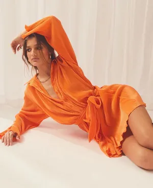 Peppermayo Soho Chic Shirt Plisse Dress, Tangerine, Size Small thumbnail 1