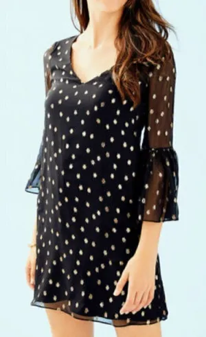 Lilly Pulitzer Women's Size 00 Caroline Silk Tunic Dress Black Gold Metallic thumbnail 1