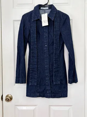 ZARA Dark Wash Denim Mini Dress XS Bow Tie Neck Casual Coquette Preppy Shirt NWT thumbnail 2