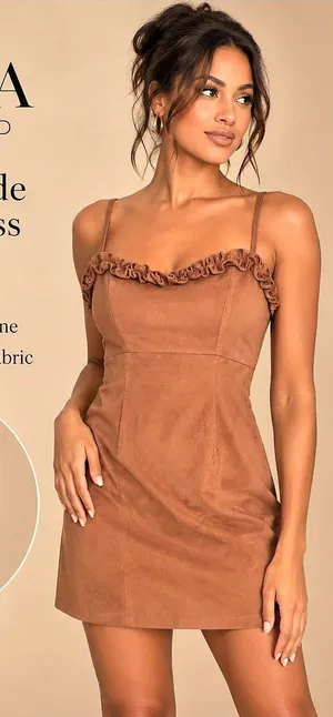 FIKA the BRAND Faux Suede Ruffle Mini Dress Brown Size L thumbnail 1