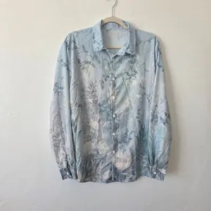 Blue Floral Blouse Top Linen Feel Pastel Lightweight Cottagecore Grandmacore L thumbnail 2
