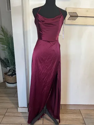 David's Bridal Burgundy Satin Cowl Neck Maxi Dress thumbnail 2