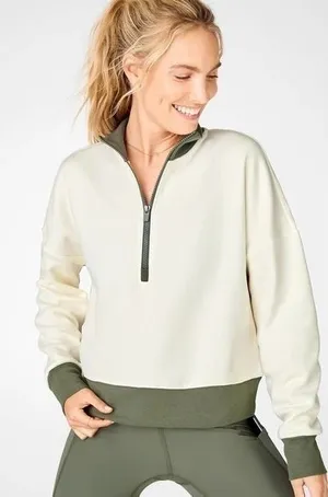 Fabletics Catarina Mock Neck Half Zip Pullover white dove/ safari sz small FLAWS thumbnail 1