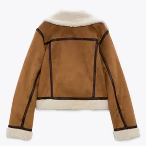 Zara Double Faced Fleece Structured Moto Jacket Sheepskin Chestnut Tan Aviator S thumbnail 10