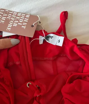 Tiger Mist Red Mesh Lace Up Mini Dress thumbnail 6