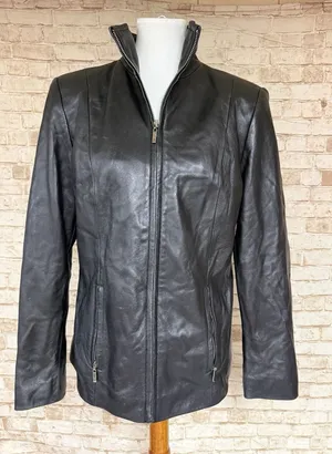 Valerie Stevens Black Lamb Leather Jacket Womens Medium Zip Front Mock Neck Coat thumbnail 1
