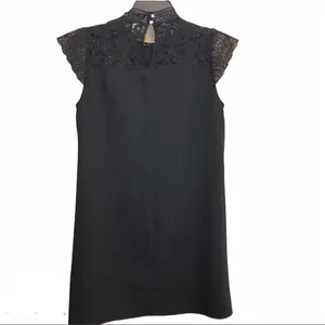 Zara Mock Neck Lace‎ Short Sleeve Dress Black XS thumbnail 2