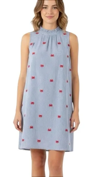 Crown & Ivy Seersucker Pinstripe Embroidered Crab Ruffle Collar Dress thumbnail 1