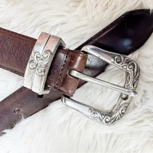 VINTAGE Fossil Brown Leather Western Engraved Silver Belt Medium Ornate Boho‎ thumbnail 3