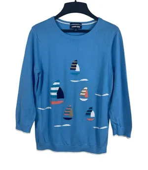 Lands End Supima Cotton Sweater Small Blue Sailboat Nautical Coastal Preppy thumbnail 1