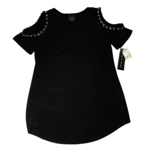 Coco Bianco Top Black Cold Shoulder Gold Chain Strap Detail Top Size Medium NEW thumbnail 8