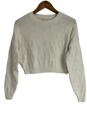 Hollister White Crew Neck Basketweave Cropped Sweater Size Small thumbnail 1