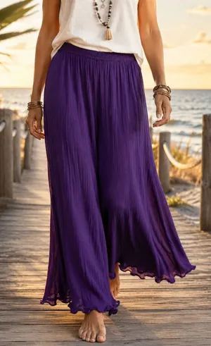 Coldwater Creek Womens Purple Crinkle Rayon Wide‎ Leg Pants XS Lettuce Hem Boho thumbnail 1