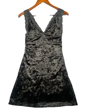 Free People Black Velvet Tank Top mini dress Small Babydoll Lace Romantic Whimsy thumbnail 1