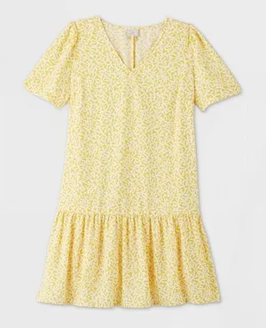 A New Day Women's Sz XS Ruffle Hem Dress Yellow White Floral V-Neck Short Sleeve thumbnail 1