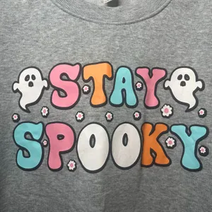 Stay‎ Spooky Halloween Ghost Sweatshirt Gray Crewneck Pullover Large Cozy Fall L thumbnail 3