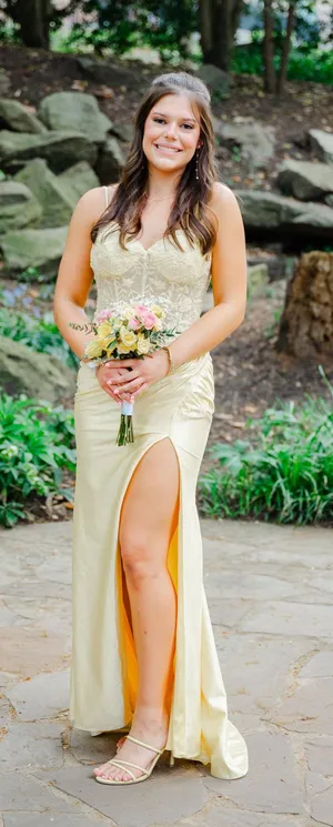 Stacees Yellow V-Neck Prom Dress thumbnail 1
