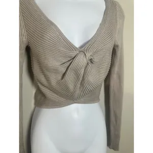 Abercrombie & Fitch Taupe Ribbed Twist Front Long Sleeve Crop Top Small thumbnail 2