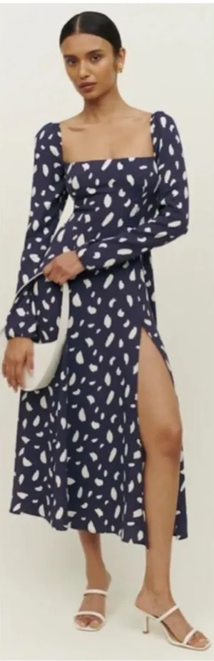 Reformation Sigmund Navy & White Long Sleeve Midi Dress - Size 6 thumbnail 1