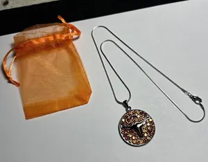 Rhinestone Texas Longhorn Round Pendant Silver Tone Chain Necklace thumbnail 1