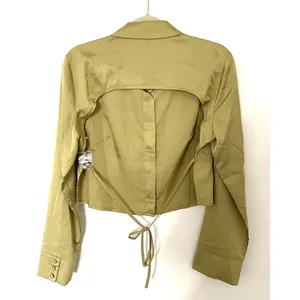 Lulus Green Cropped Satin Feel Blouse Open Back Long Sleeve Front Button Sz XL thumbnail 2