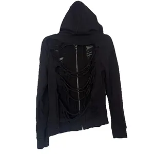 True Religion Full Zip Up Distressed Destroy Hoodie Black Ripped Mesh Goth Emo thumbnail 9