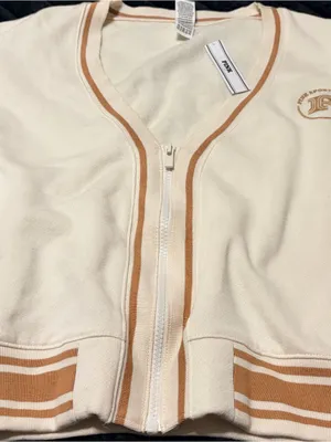 PINK Cream Zip-Up Jacket with Tan Trim thumbnail 1