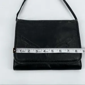 Vintage black leather cross‎ Body purse bag shoulder bag Tooled mid century thumbnail 7
