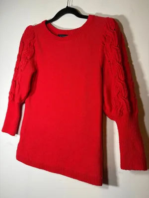 Ann Taylor Sweater Red Cable Knit Puff Sleeve Wool Blend Classic Cherry Size M thumbnail 1