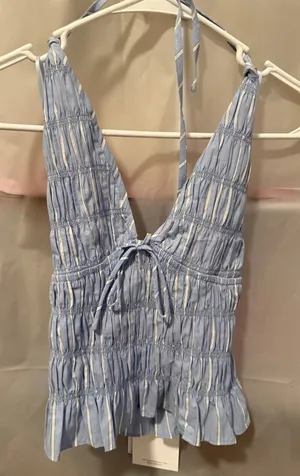 NIA Blue and White Striped Halter Top with Ruffle Hem, Size XS NWT thumbnail 1