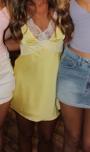 Fortunate One Yellow satin mini dress with lace thumbnail 1