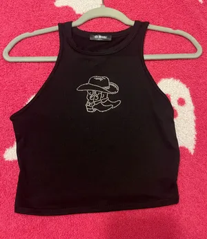 Mystique Boutique Stylish black tank top with a rhinestone cowboy hat design. Perfect for casual outings. thumbnail 1