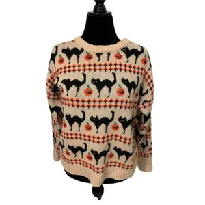 Source Unknown Halloween Sweater XL Black Cat Pumpkin Jack O Lantern Cream Knit Pullover thumbnail 2