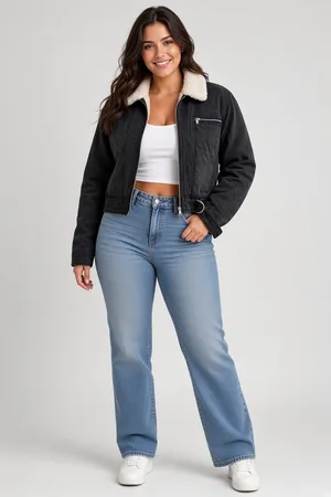 Love Tree Black Denim Jacket Cream Sherpa Collar Size L thumbnail 7