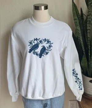 Vintage Embroidered Bird Floral White‎ Sweatshirt large thumbnail 1