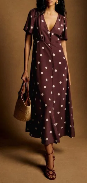 NWT Sezane Solia in Chocolate Ecru Polka Dot Silk Maxi Shirt Dress 38 / US 6 thumbnail 1