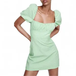 Zara Green Gingham Puff Sleeve Mini Dress Cottagecore Lace Back Medium Backless thumbnail 7