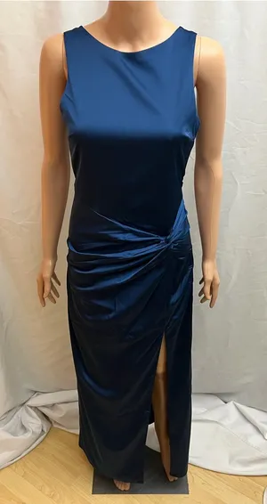 Abercrombie & Fitch Navy Satin Maxi Dress Open Back Ruched Slit Size S Tall thumbnail 1