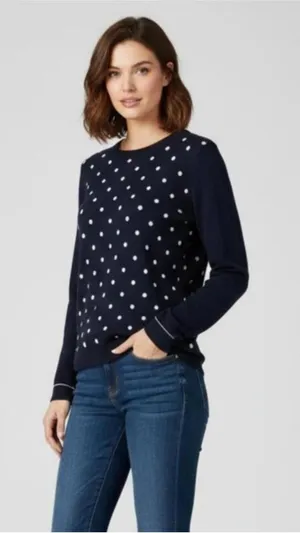 Tommy Hilfiger Womens Sweater Small Petite Navy Blue Polka Dot Crewneck thumbnail 1