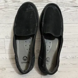 Crocs Walu Shoes‎ Women Sz 8 Shimmer Black Leather Slip On Loafers Flats 202303 thumbnail 4